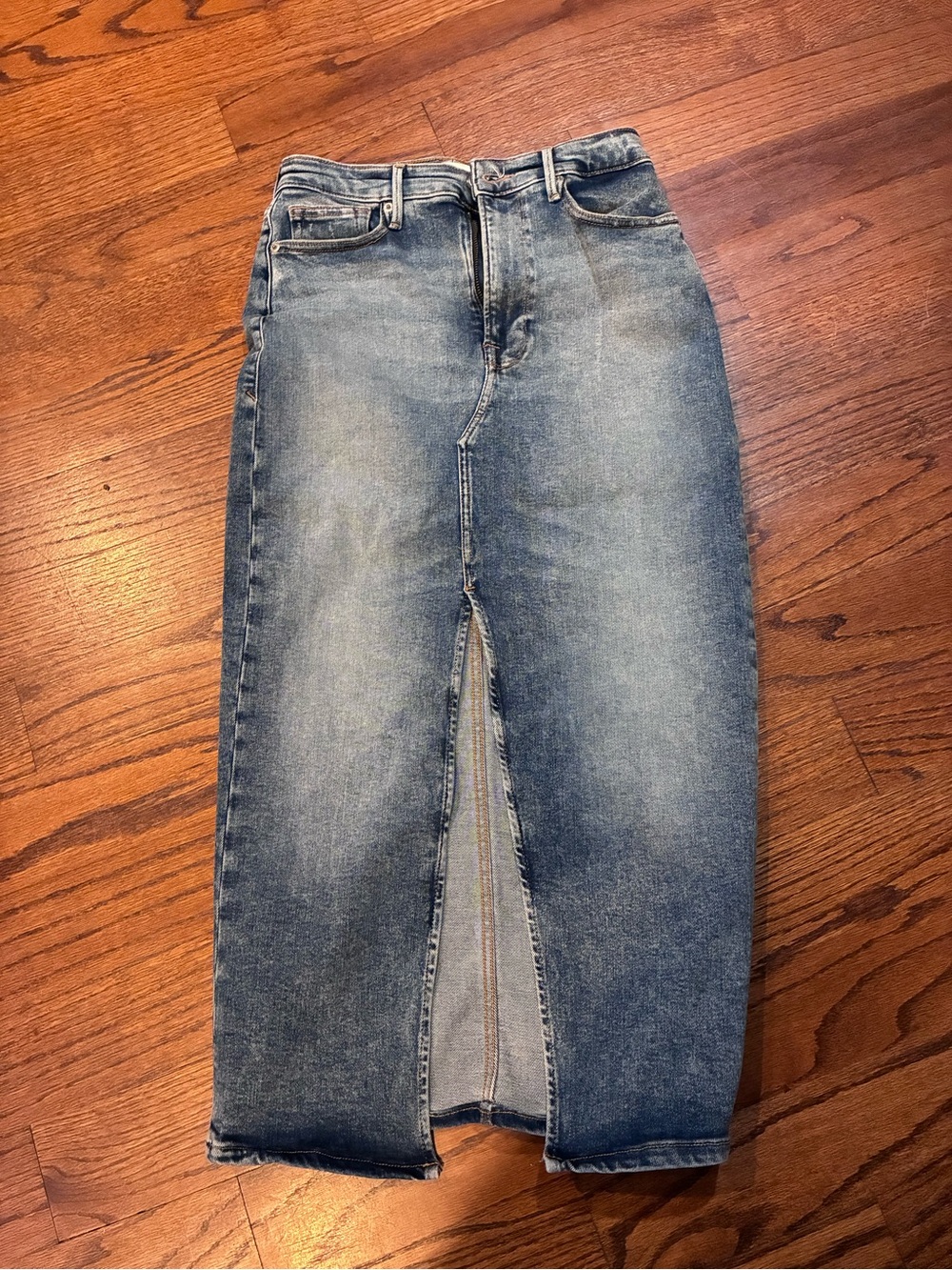 Good American Distressed Blue Denim Midi Skirt with Front Slit